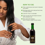 Woman applying hair oil with text on how to use it, and a bottle of hair oil on a light green background.
