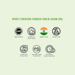 Green milk hair oil promotional graphic with certification icons on a light green background