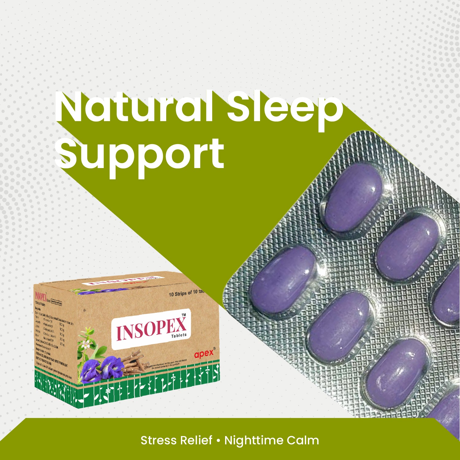 Insopex tablets packaging with purple tablets on a white background, labeled for natural sleep support.