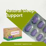 Insopex tablets packaging with purple tablets on a white background, labeled for natural sleep support.