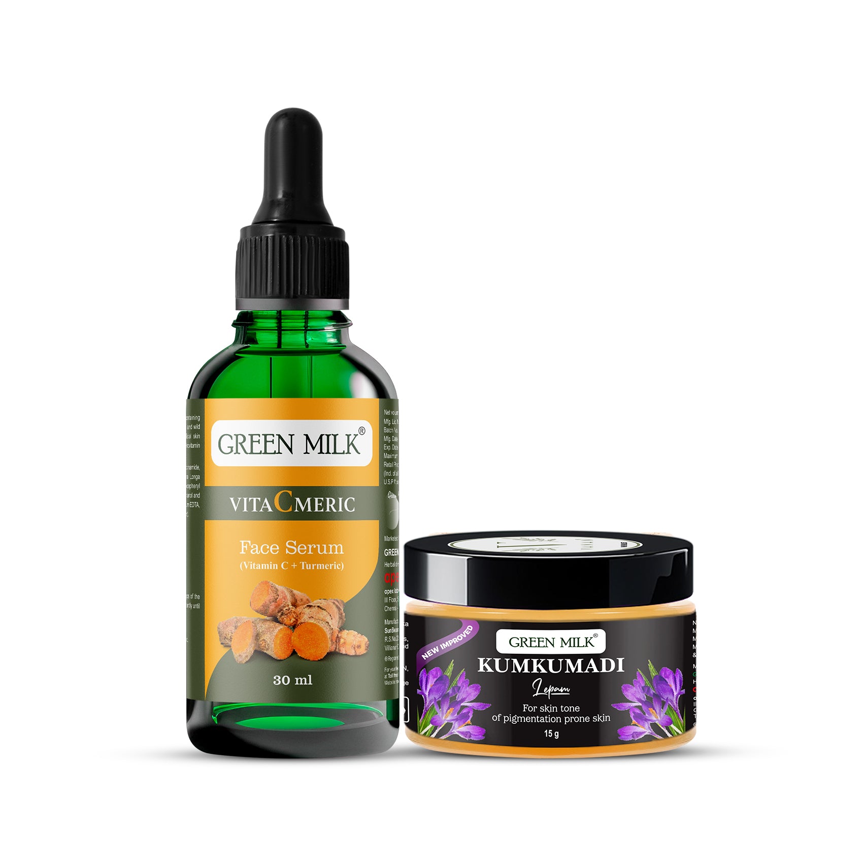 Green Milk skincare products including a face serum and Kumkumadi cream on a white background