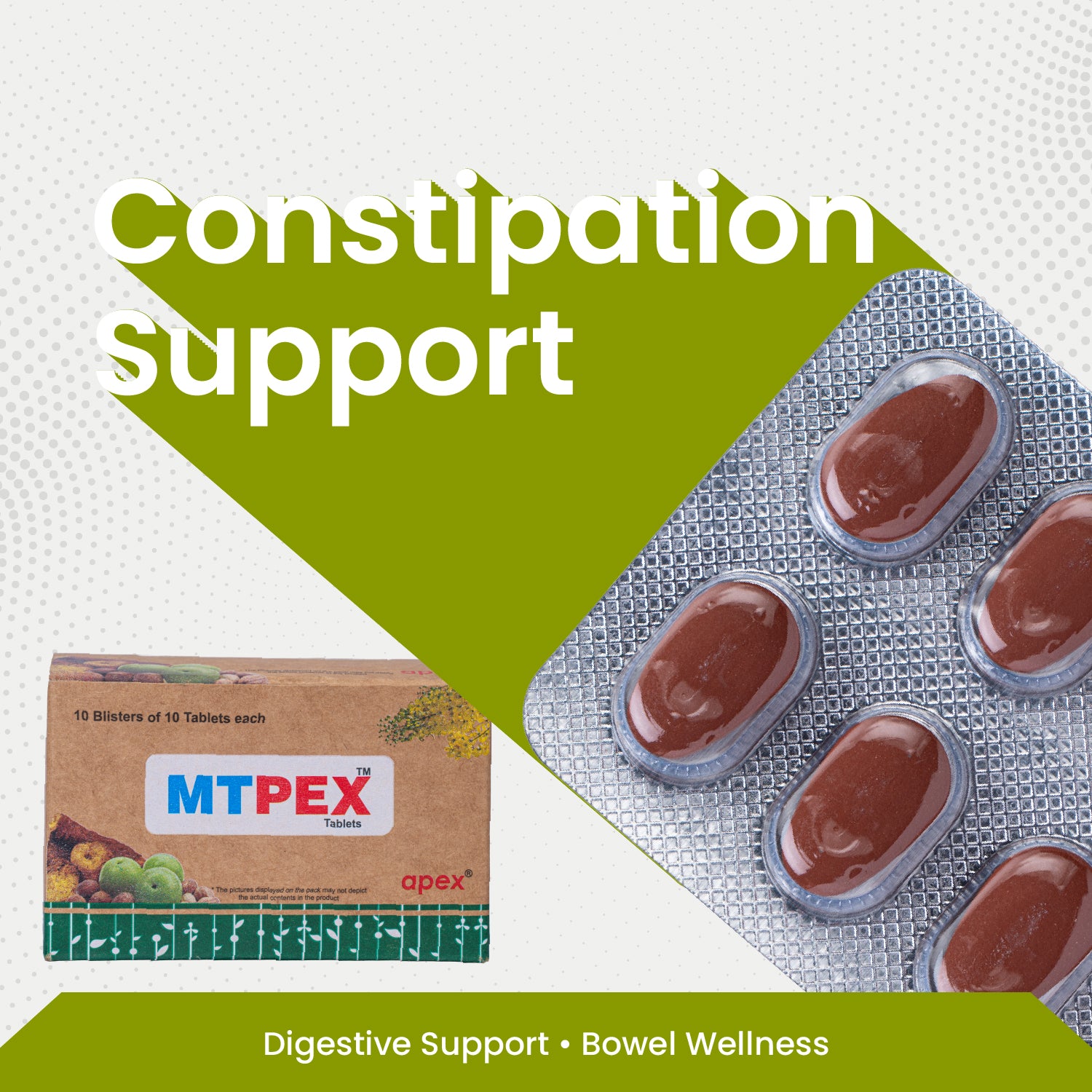 MTPEX constipation support product packaging with tablets on a white background