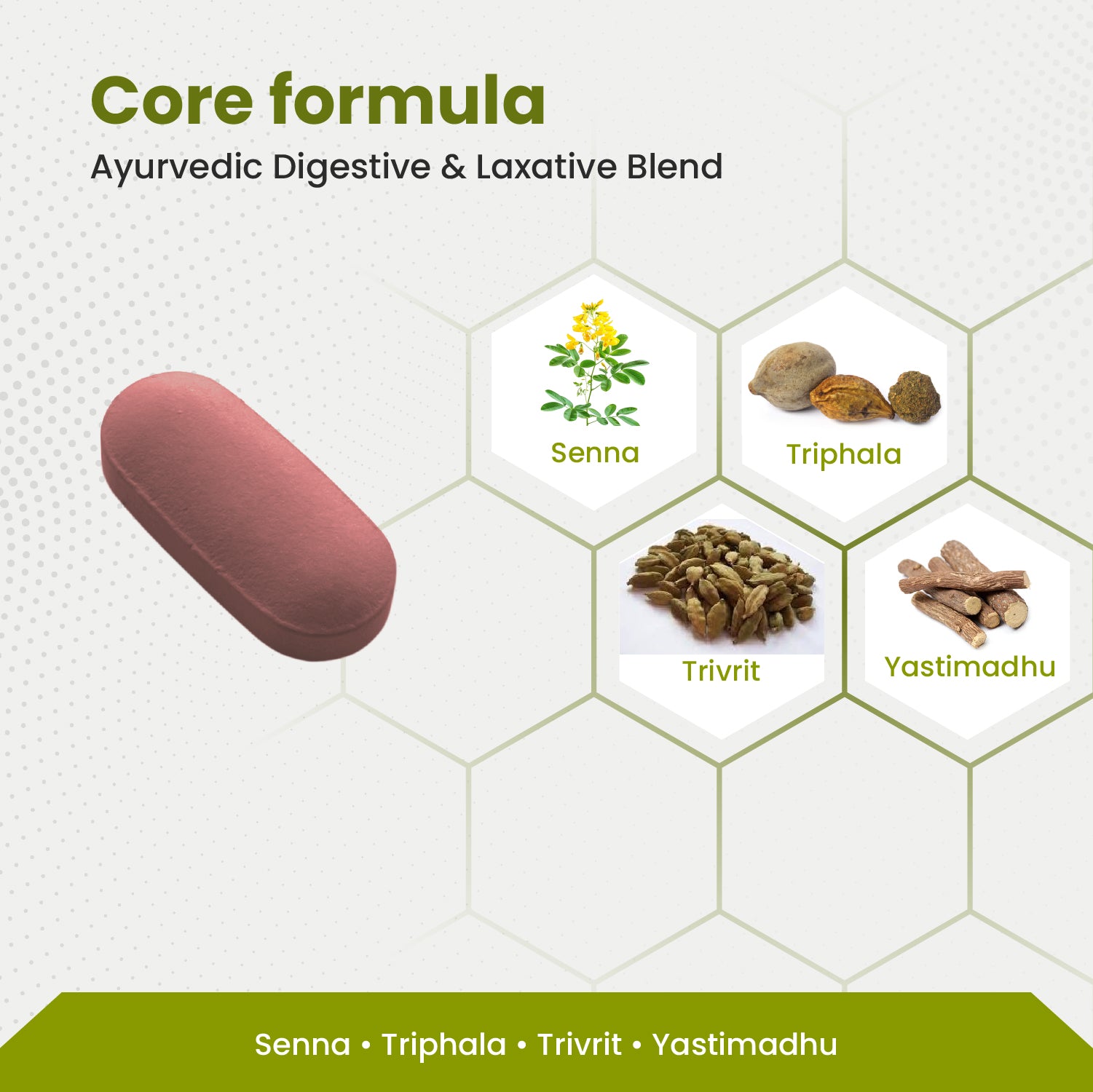Ayurvedic digestive and laxative blend with core formula ingredients on a white background