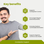 Man pointing to key benefits of a product for constipation support on a white background