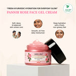 Pannir Rose Face Gel Cream jar with branding and product features on a light background