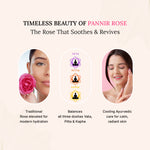 Advertisement for Pannir Rose with images of a woman, a rose, and Ayurvedic icons on a beige background.