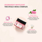 Ingredient spotlight on Hyalu-Rosa Complex with jar of cream, rose, and milk extract on a light background.