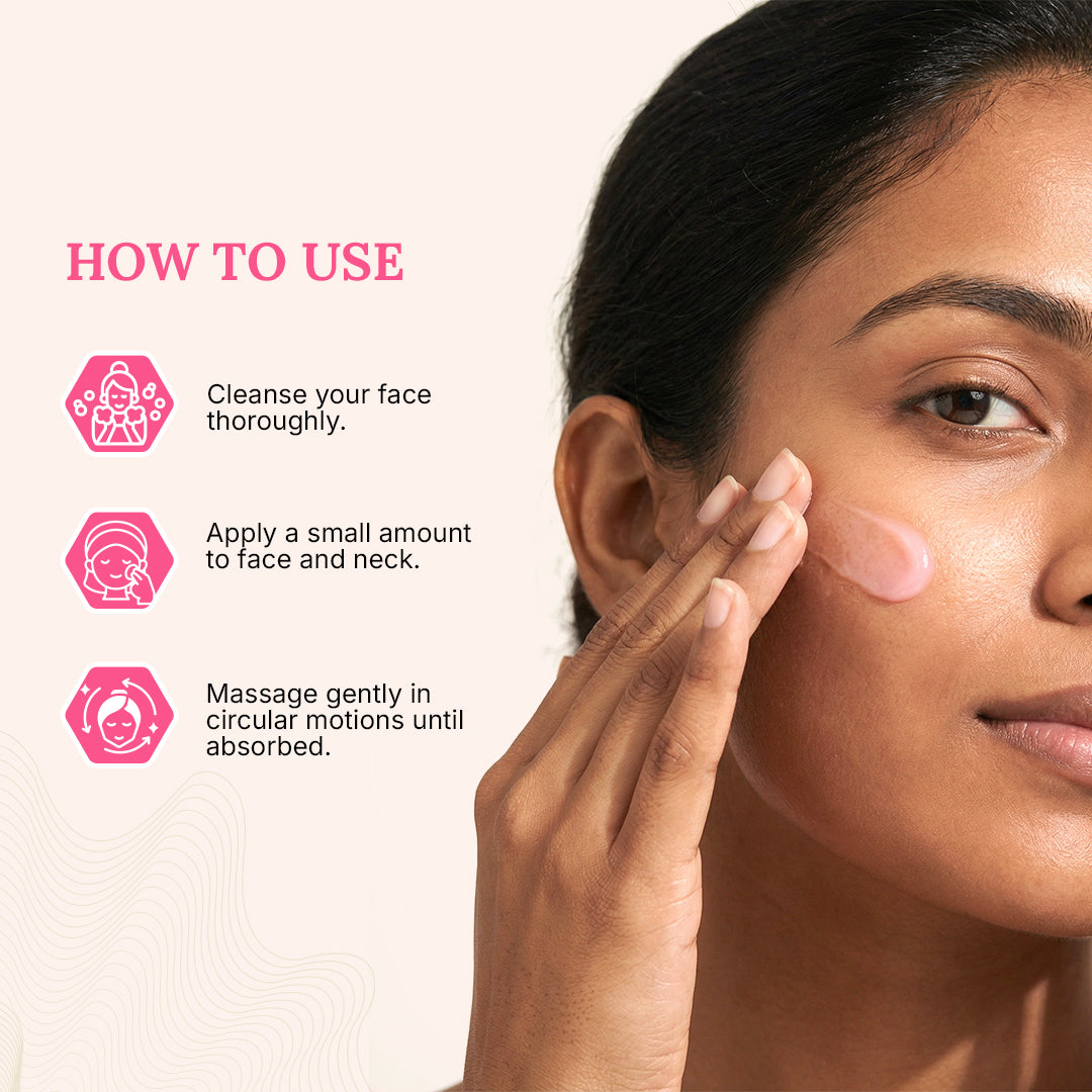 Woman applying skincare product with usage instructions on a light pink background