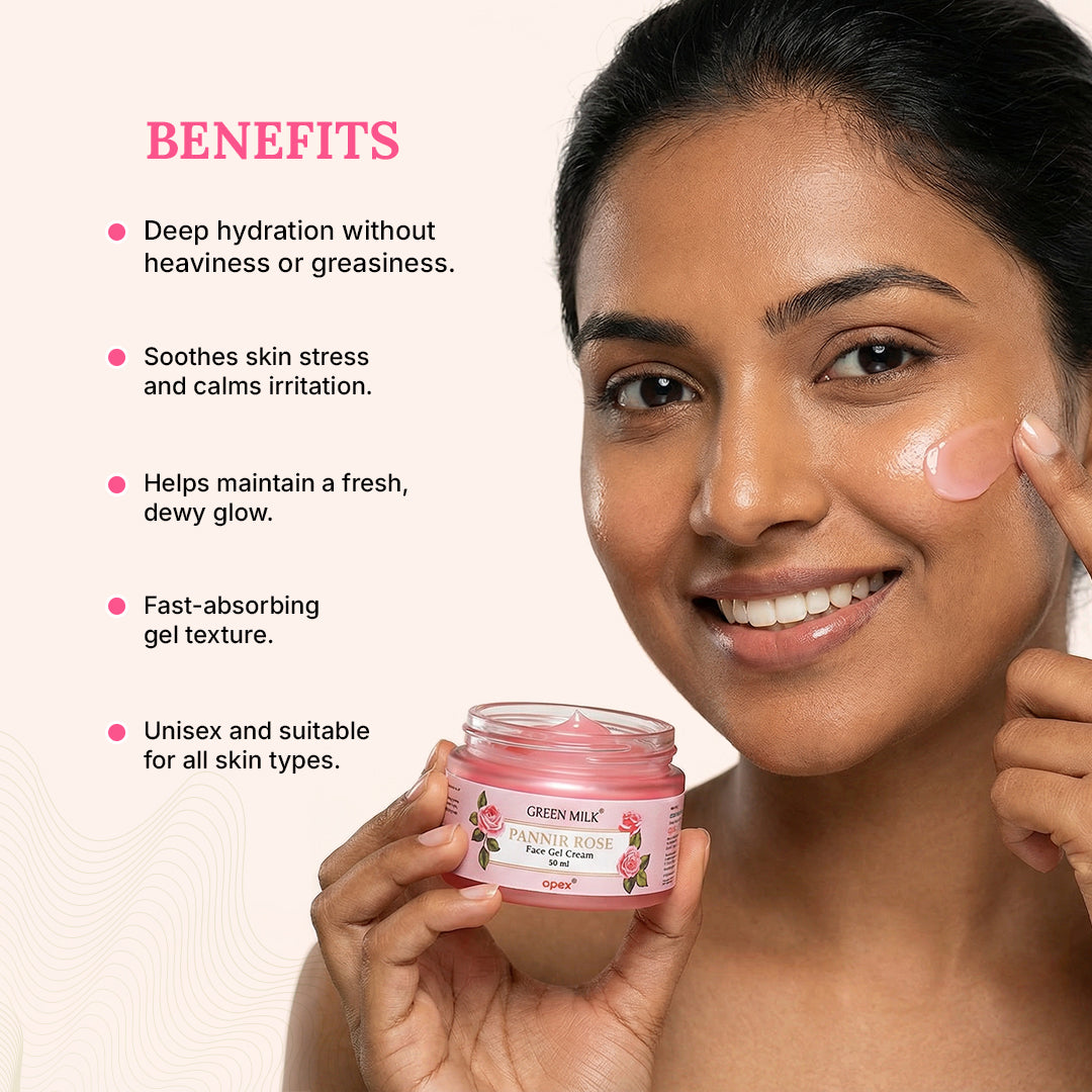 Woman applying cream to her face with a jar of cream in her hand, benefits listed on the left.