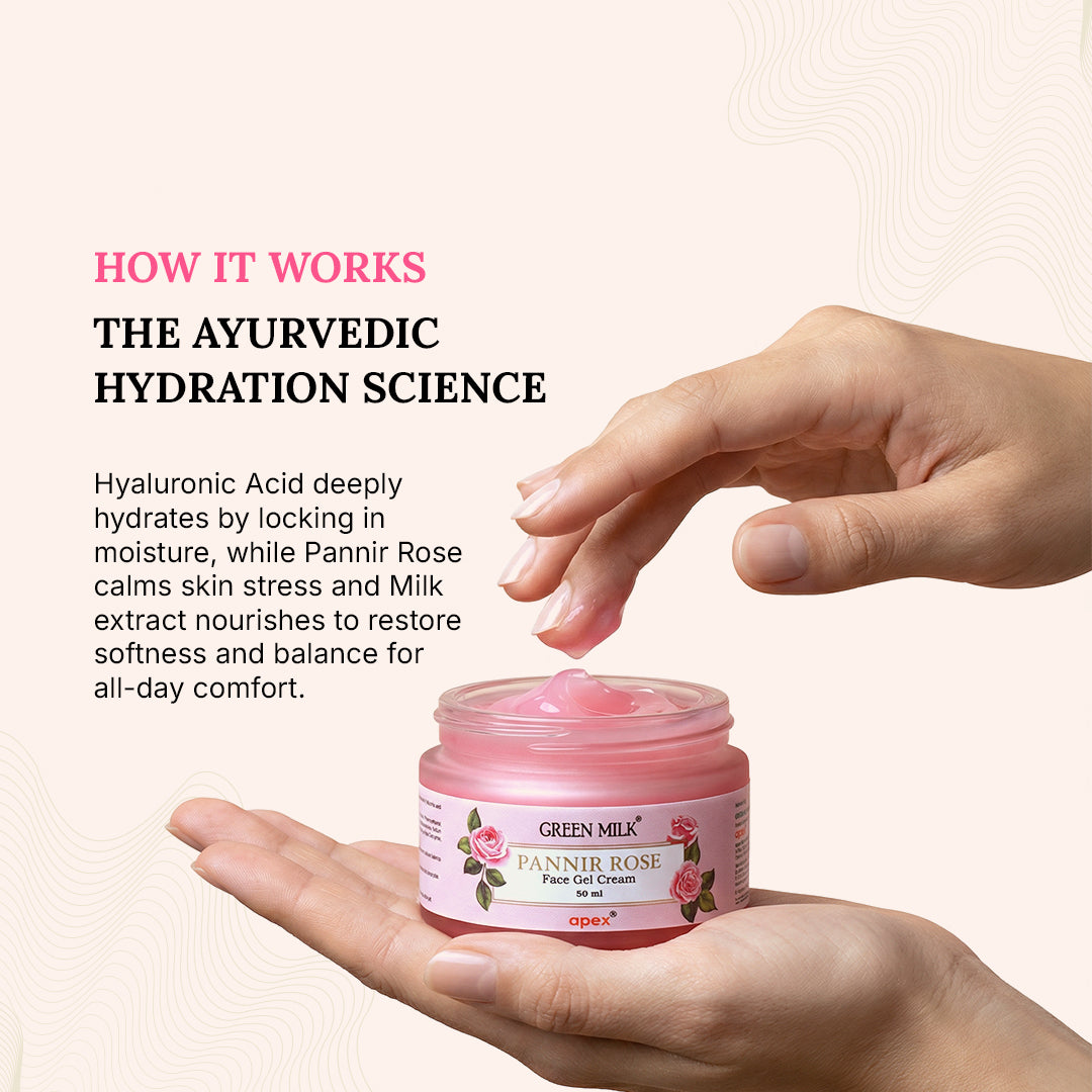 Pink jar of Green Milk Pannir Rose Face Scrub held by a hand with text about Ayurvedic hydration science.