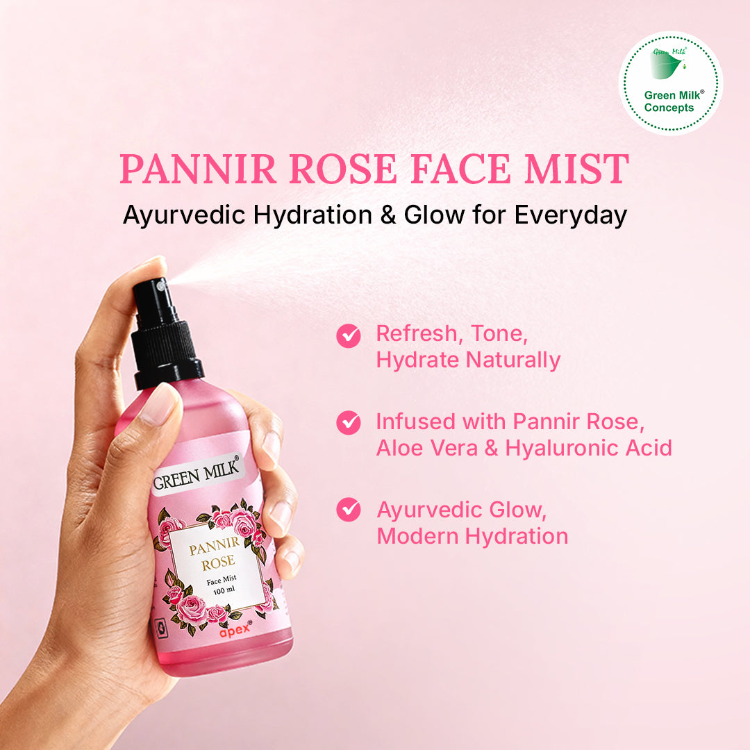 Hand holding a bottle of Green Milk Pannir Rose Face Mist on a pink background