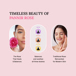 Advertisement for Pannir Rose with images of a woman, a rose, and text about the product's benefits on a pink background.