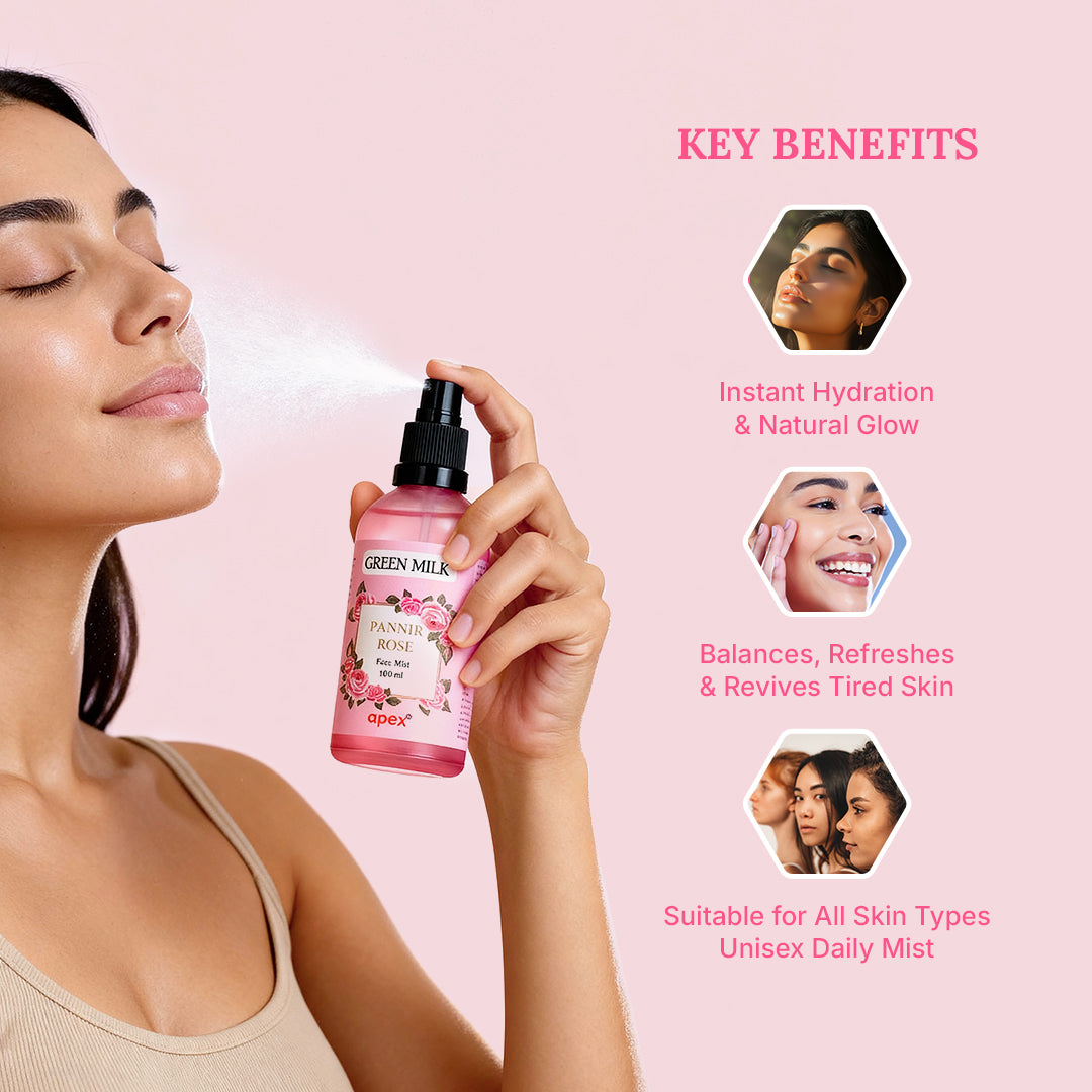 Woman using a Green Milk facial mist with key benefits displayed on a pink background