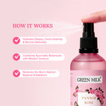 Pink bottle of Green Milk Pannir Rose with text on a pink background