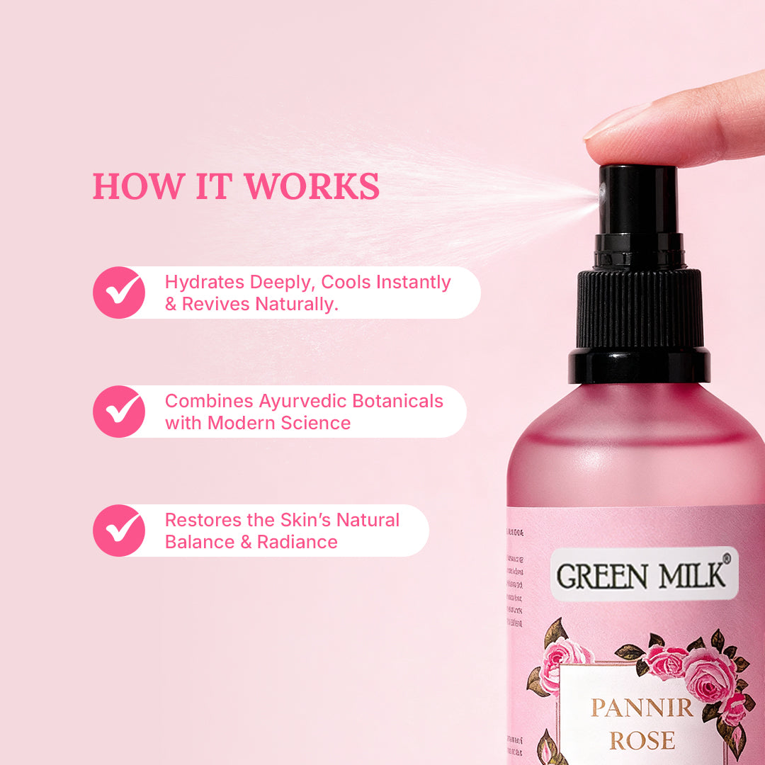 Pink bottle of Green Milk Pannir Rose with text on a pink background