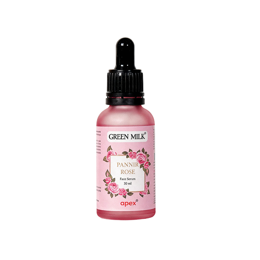 Pink bottle of Green Milk Pannir Rose Face Serum on a white background