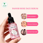 Green Milk Pannir Rose Face Serum bottle held by a hand with product benefits on a white background