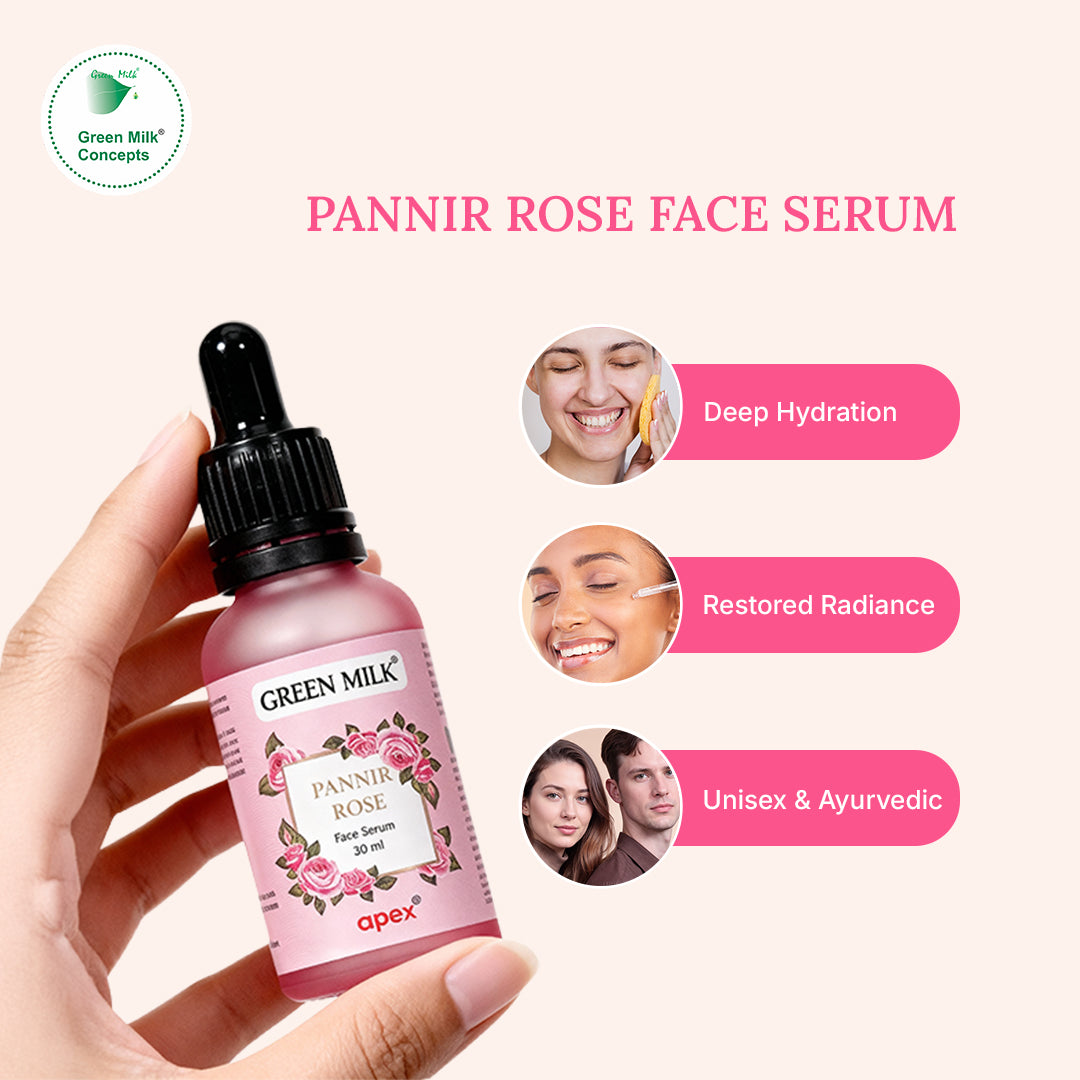 Green Milk Pannir Rose Face Serum bottle held by a hand with product benefits on a white background