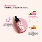 Skincare serum bottle with ingredients listed on a light pink background