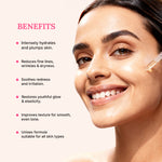 Woman applying skincare product with text listing benefits on a white background