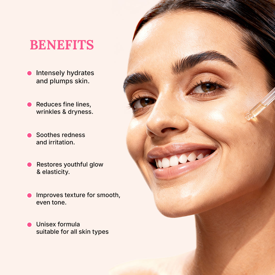 Woman applying skincare product with text listing benefits on a white background