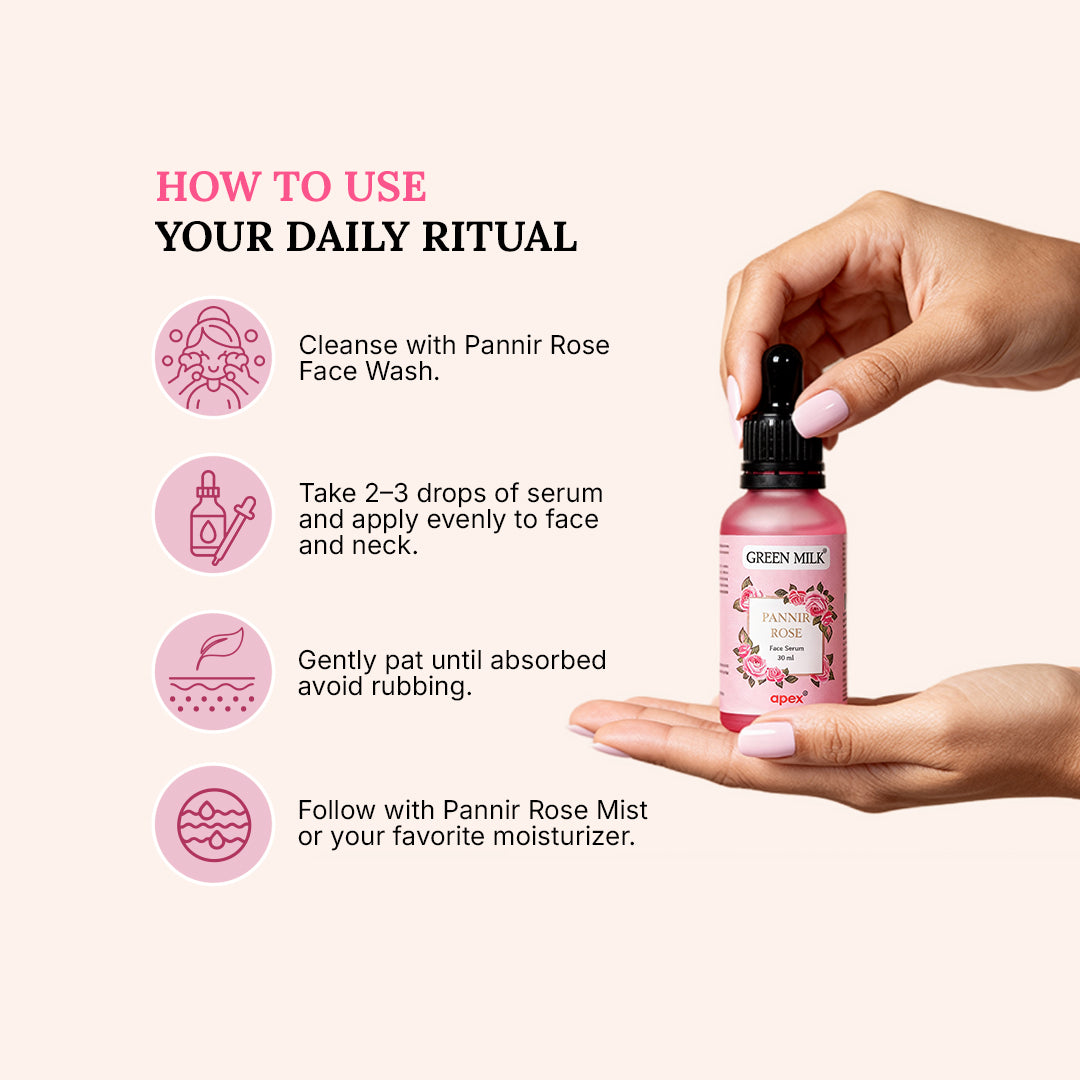 Hand holding a bottle of Green Milk Pannir Rose serum with usage instructions on a white background