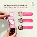 Pannir Rose Face Wash tube held by a hand with promotional text on a light green background