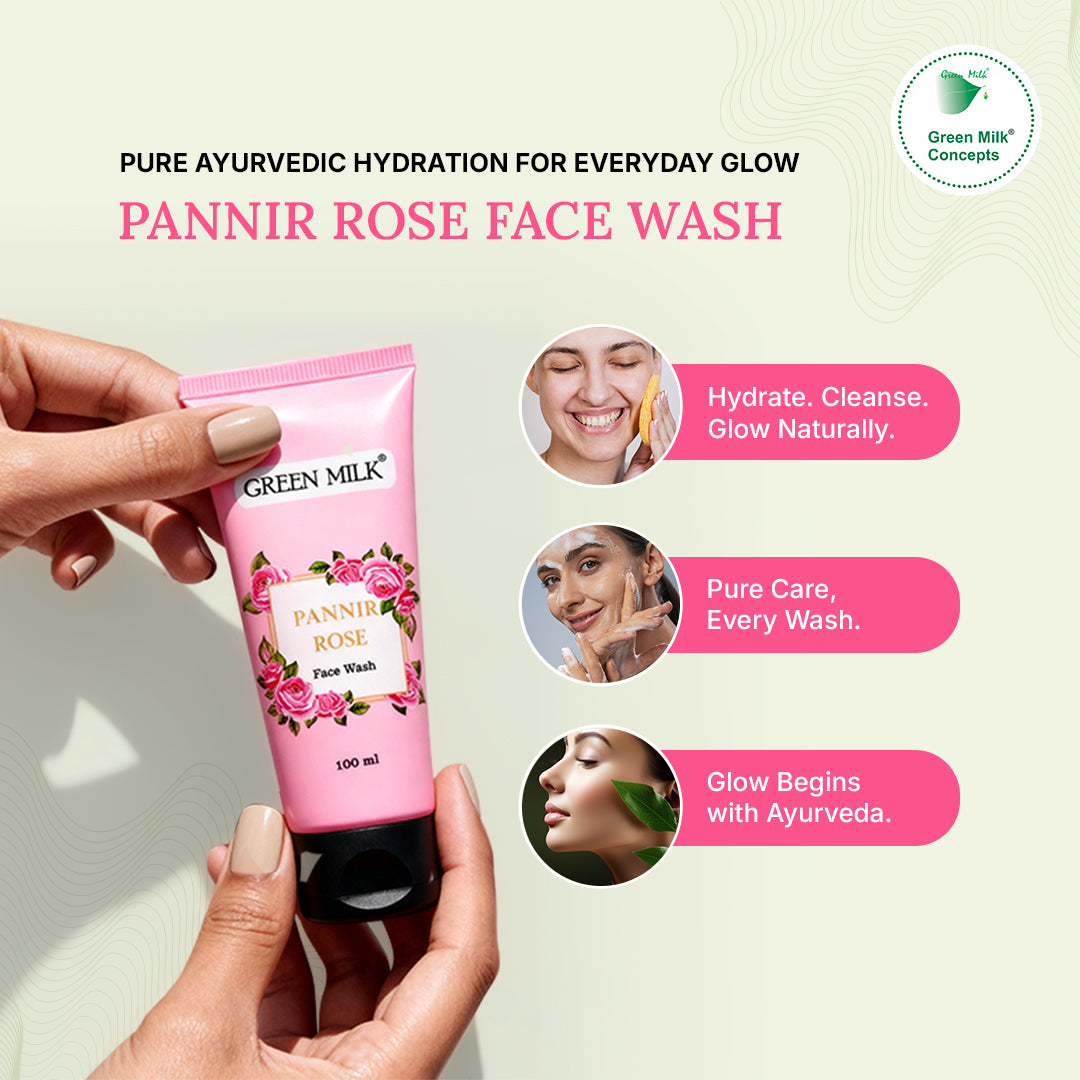 Pannir Rose Face Wash tube held by a hand with promotional text on a light green background
