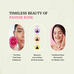 Advertisement for Pannir Rose with images of a woman, rose, and text about doshas and skin care.