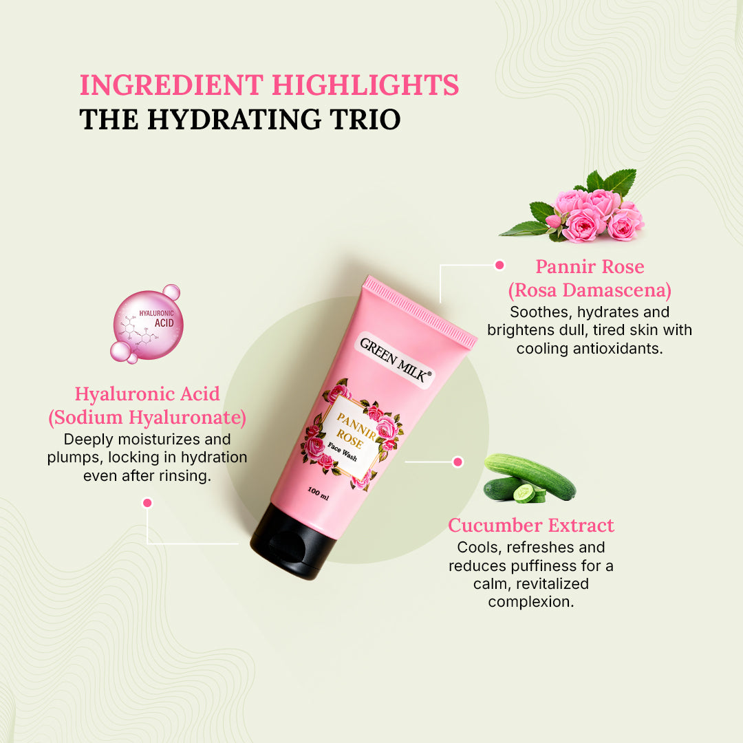 Pink skincare product with ingredient highlights on a light background