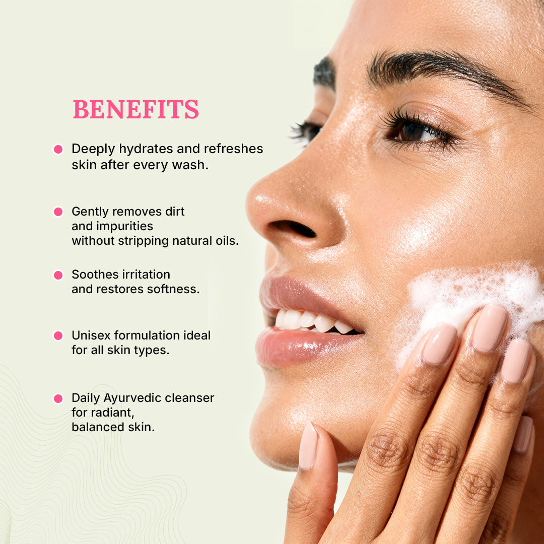 Woman applying cleanser with text highlighting benefits on a light background
