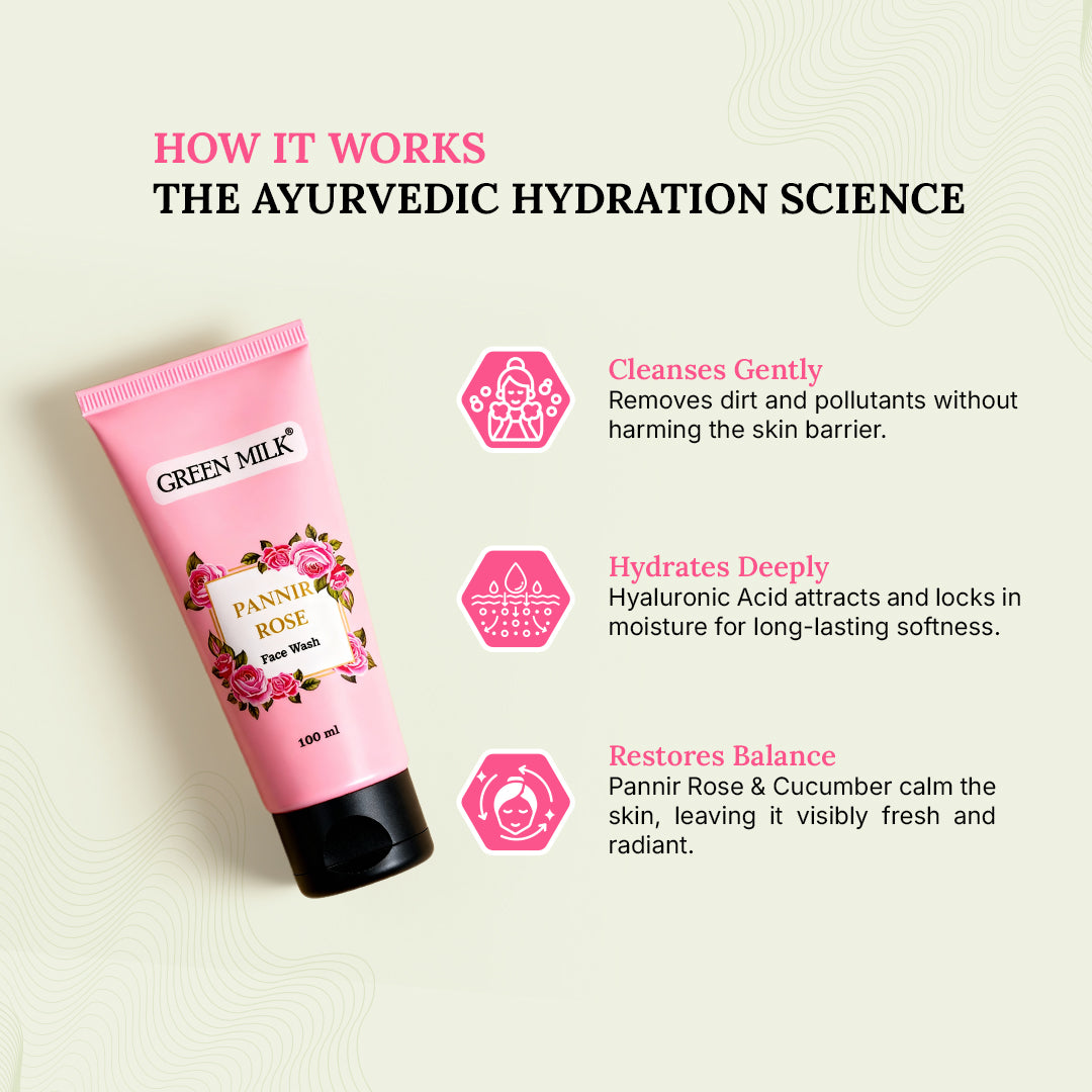 Pink tube of Green Milk Pannir Rose Face Wash with text on a beige background