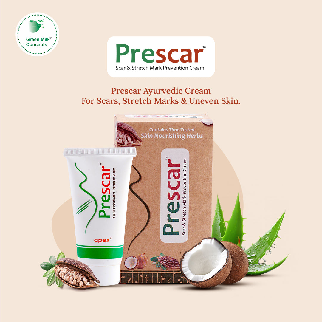 Prescar scar and stretch mark prevention cream packaging with aloe vera and coconut on a beige background