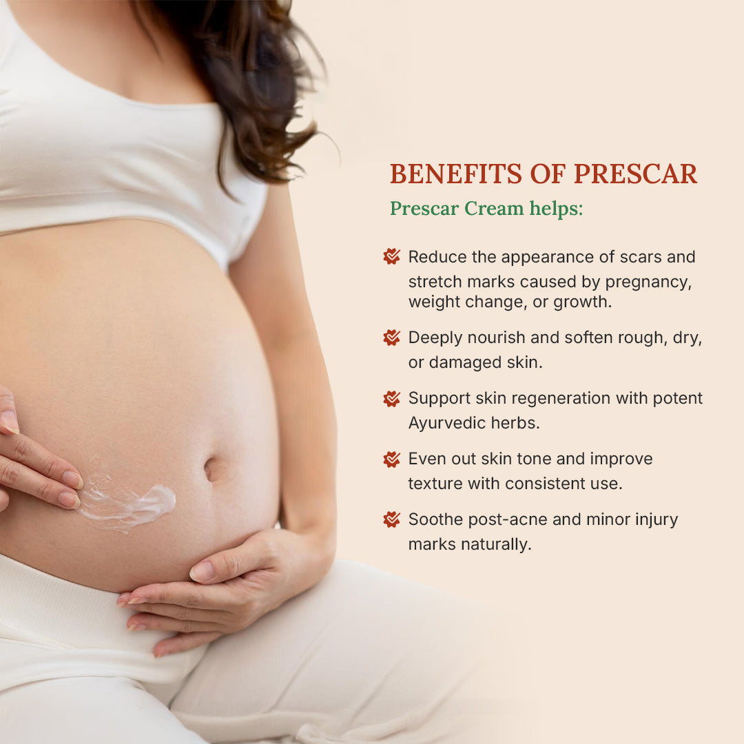 Pregnant woman applying Prescar Cream to her stomach with text about its benefits.