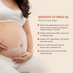 Pregnant woman applying Prescar Cream to her stomach with text about its benefits.