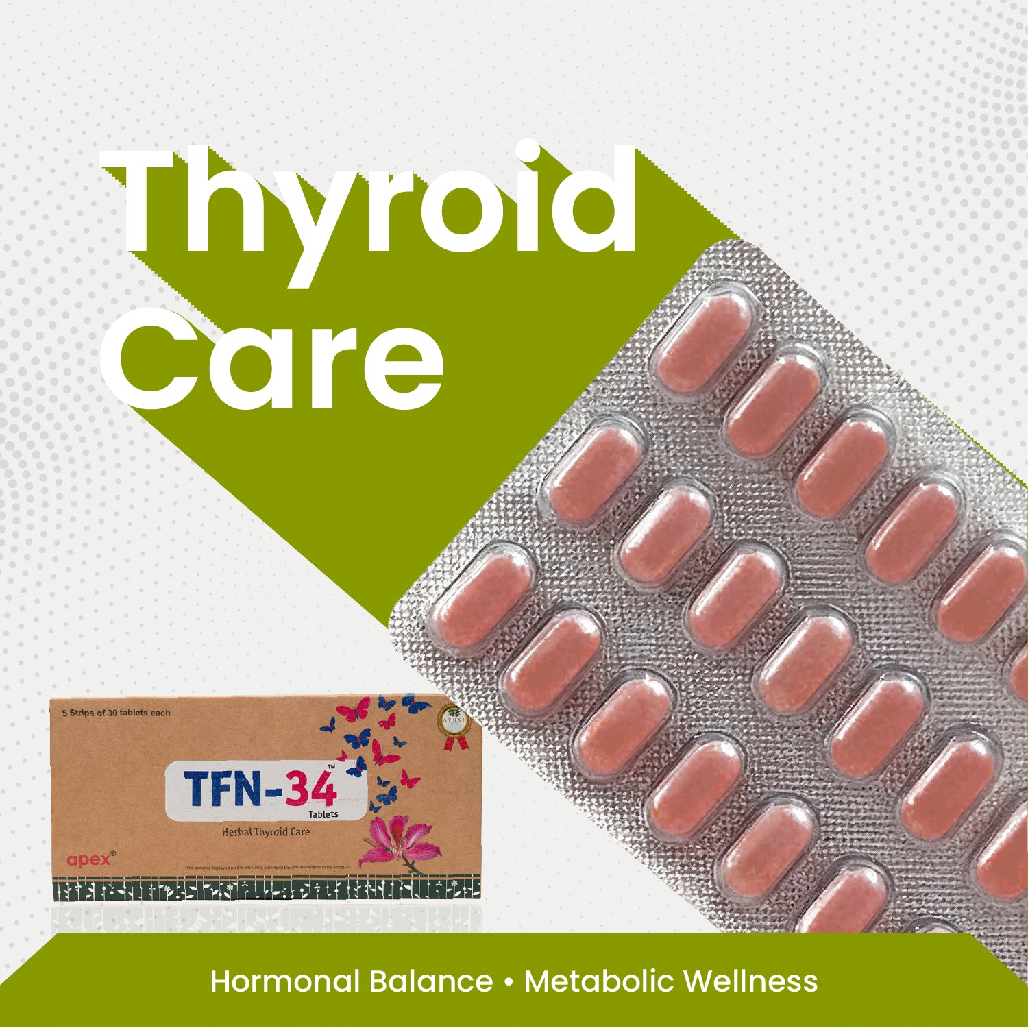 Thyroid care supplement packaging with tablets and a box on a light gray background.