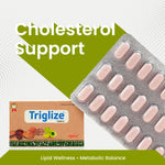 Triglize cholesterol support tablets packaging with tablets on a white background