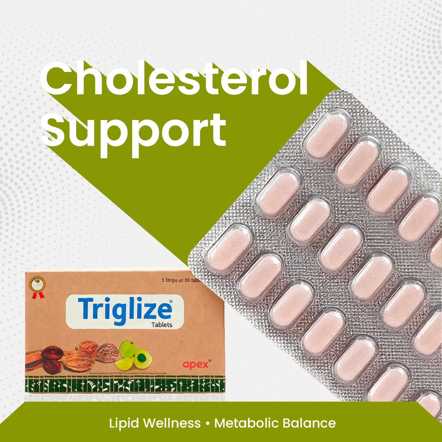 Triglize cholesterol support tablets packaging with tablets on a white background
