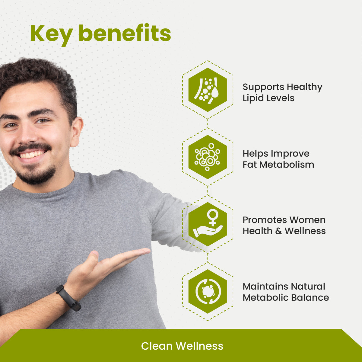 Man pointing to key benefits of a health product on a white background with green accents.