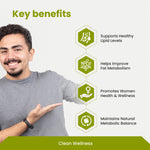 Man pointing to key benefits of a health product on a white background with green accents.