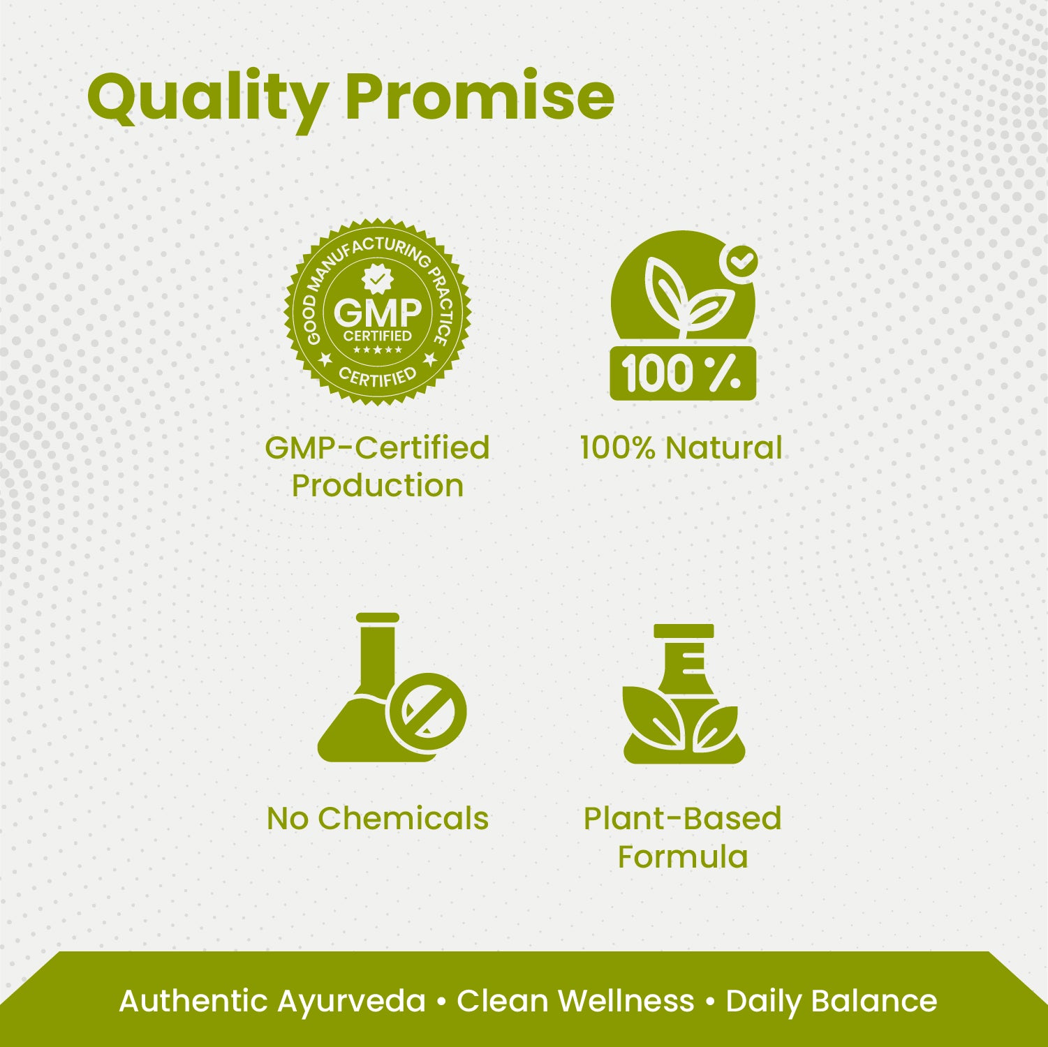 Quality Promise with GMP Certified Production, 100% Natural, No Chemicals, Plant-Based Formula on a white background.