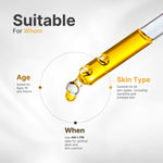 Skincare dropper with text indicating suitability for ages 18 and above, all skin types, and daily use.