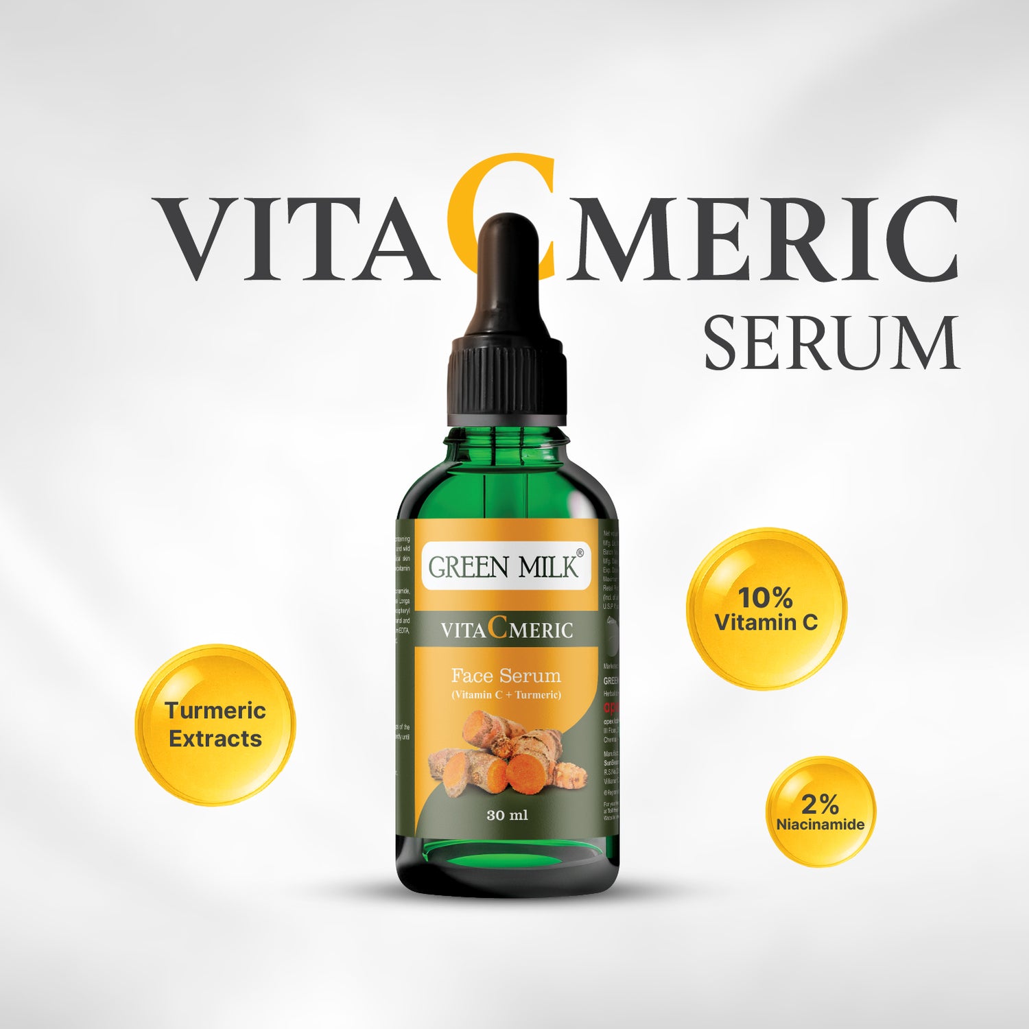 VitaC Meric serum bottle with Green Milk branding on a light gray background
