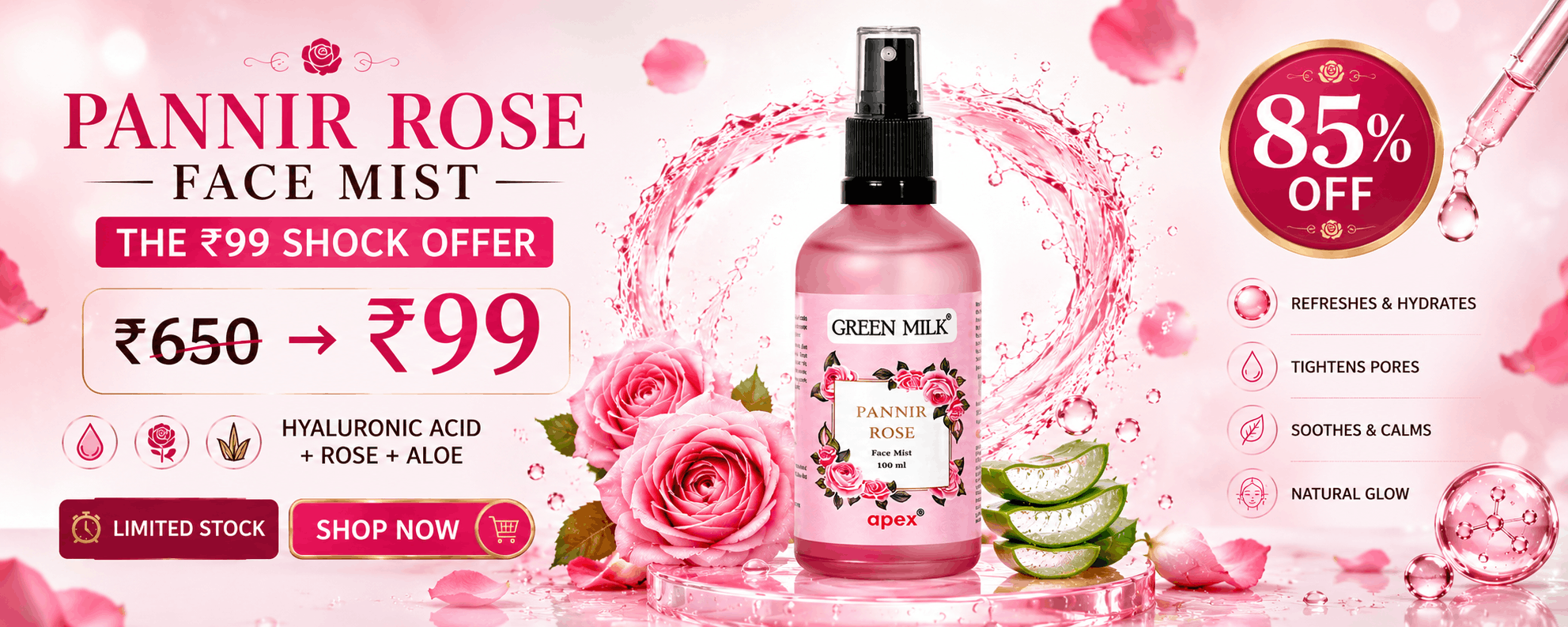 Pannir Rose Face Mist with promotional text on a pink floral background